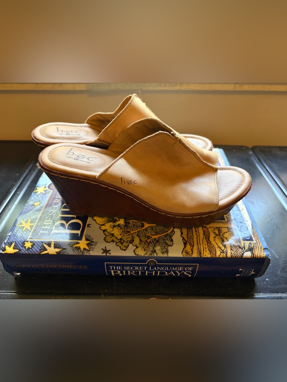 boc Tan Leather Wedge Slide Sandals